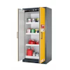 Yellow and gray safety storage cabinet with open door displaying shelves containing red containers and various supplies