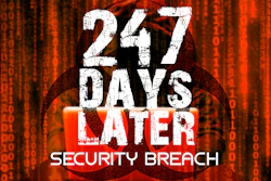 Hooded figure with digital rain background and '267 Days Later Security Breach' text overlay in white and red