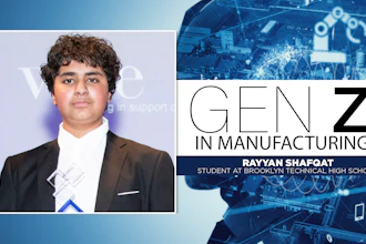 Rayyan Shafqat, student at Brooklyn Technical High School, featured in Gen Z in Manufacturing program promotional graphic with digital technology background