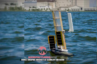 Autonomous solar-powered sailboat with white sails on blue water near waterfront buildings