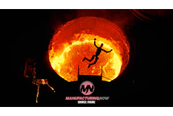 Silhouette of person jumping over hurdle against glowing sun with ManufacturingNow logo