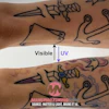 Tattoo comparison showing black ink under visible light and UV-reactive purple pigment under ultraviolet light on forearm