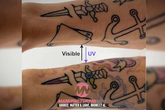 Tattoo comparison showing black ink under visible light and UV-reactive purple pigment under ultraviolet light on forearm