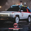 Rivian R1S electric SUV styled as Ghostbusters vehicle with roof-mounted equipment in nighttime urban setting