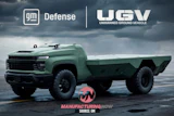 GM Defense UGV unmanned ground vehicle concept in sage green with autonomous capabilities on stormy landscape