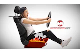 Woman racing video game with flaming controller and Manufacturing Now logo