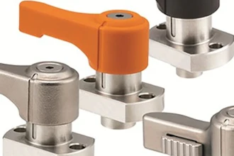 Industrial toggle clamps with stainless steel and colored handles in orange and black