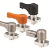 Industrial toggle clamps with stainless steel and colored handles in orange and black