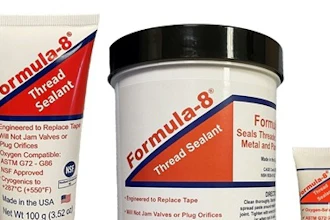 Fluoramics Formula 8 thread sealant products in three sizes: tube, jar, and small applicator tube