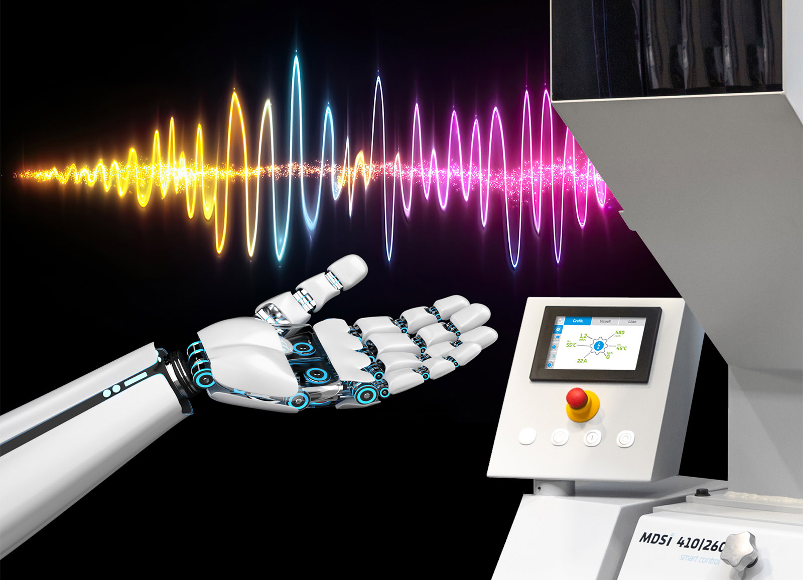 Robotic hand with glowing sound wave visualization and digital control panel interface representing AI audio technology