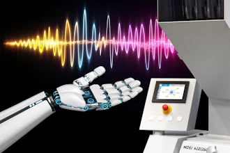 Robotic hand with glowing sound wave visualization and digital control panel interface representing AI audio technology