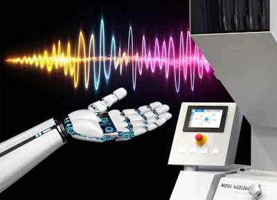 Robotic hand with glowing sound wave visualization and digital control panel interface representing AI audio technology
