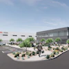 Architectural rendering of modern office and industrial facility with white and gray buildings, desert landscaping, parking area, and people in courtyard.