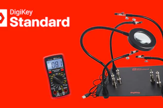 DigiKey Standard electronic testing equipment including digital multimeter and circuit board analyzer on red background