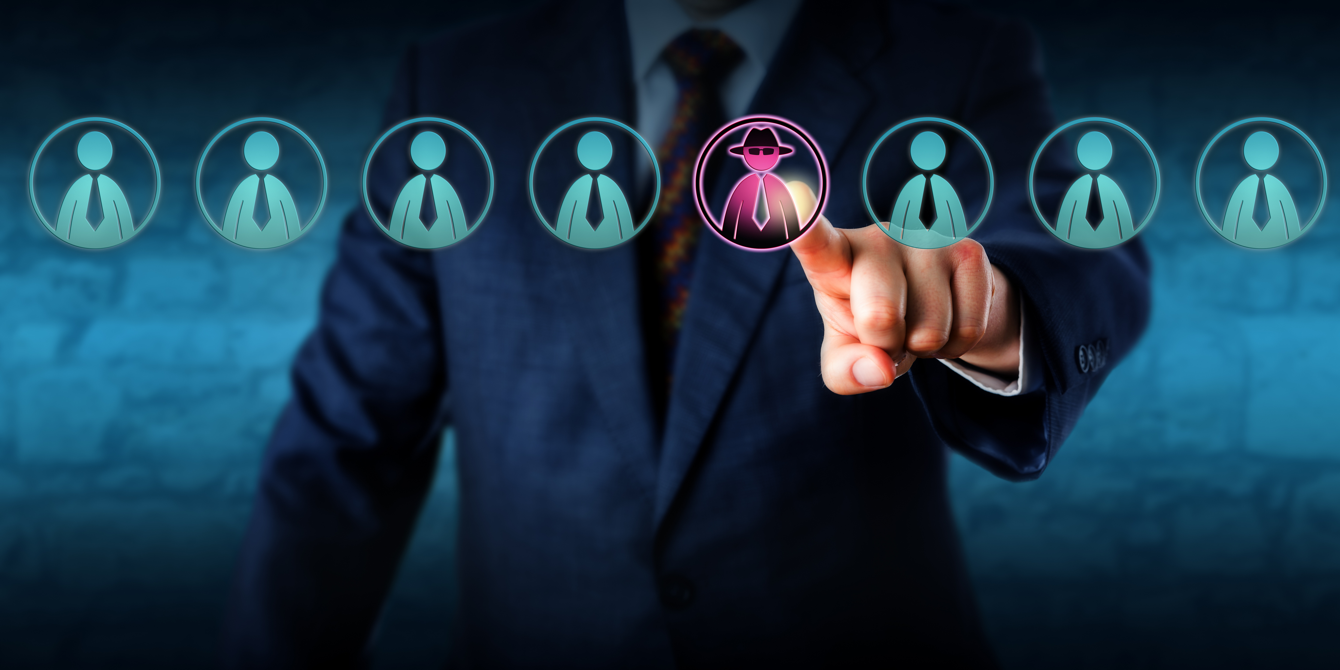 Businessman selecting a female leader icon with crown from row of employee profile icons in digital recruitment scene