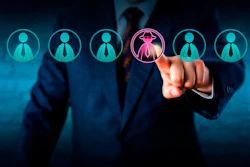 Businessman selecting a female leader icon with crown from row of employee profile icons in digital recruitment scene