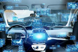 Futuristic car interior with digital dashboard displays and blue holographic interface elements representing autonomous vehicle technology