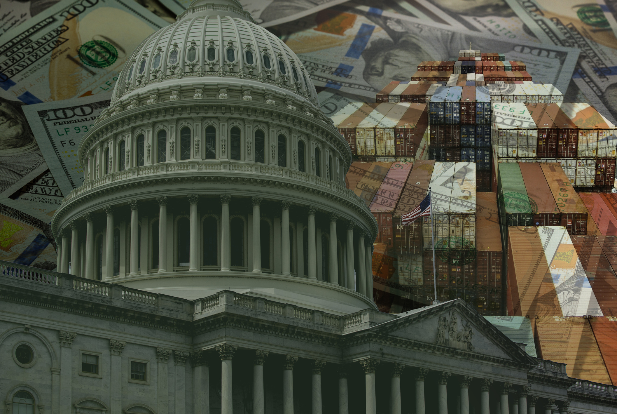 U.S. Capitol dome overlaid with dollar bills and stacked shipping containers symbolizing government, finance, and international trade.