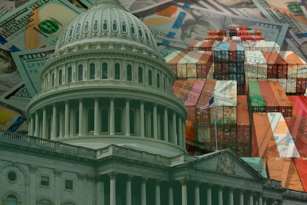 U.S. Capitol dome overlaid with dollar bills and stacked shipping containers symbolizing government, finance, and international trade.
