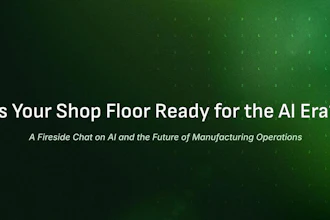 Green gradient background with white text reading 'Is Your Shop Floor Ready for the AI Era?' and subtitle about manufacturing operations