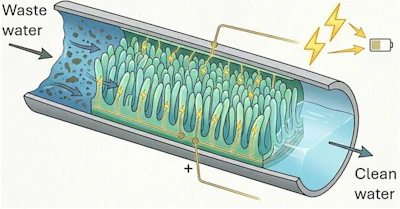 Diagram of a cylindrical water filtration system showing waste water input, internal filter media, and clean water output with electrical power connection.