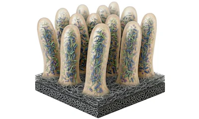 3D sculptural installation with cream-colored finger-like forms decorated with blue and green botanical illustrations on dark textured base
