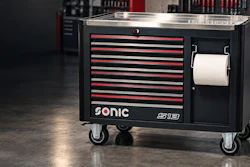 Sonic S19 tool chest with red and black drawers, stainless steel top, and paper towel holder on casters