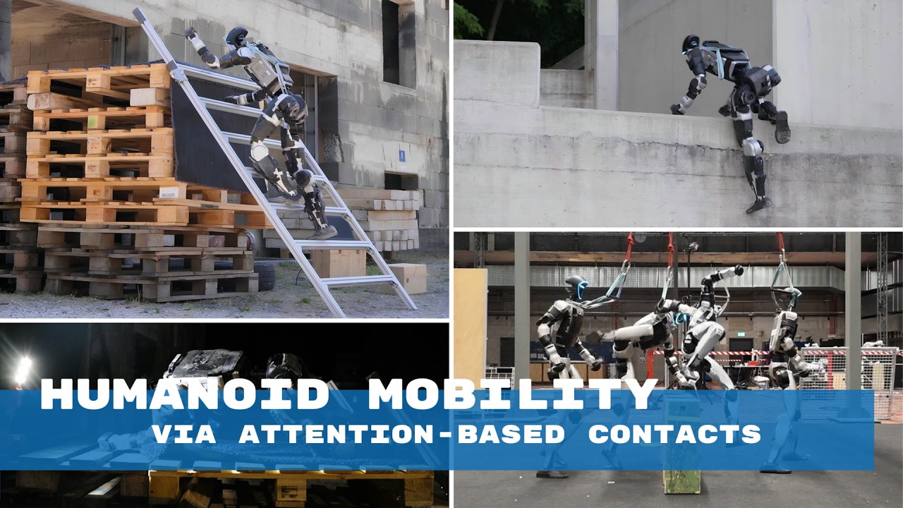 Humanoid robots demonstrating parkour mobility on construction sites with attention-based contact systems