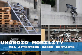 Humanoid robots demonstrating parkour mobility on construction sites with attention-based contact systems