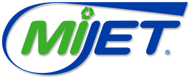 MiJET logo with green and blue text and curved blue swoosh design element