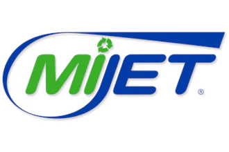 MiJET logo with green and blue text and curved blue swoosh design element