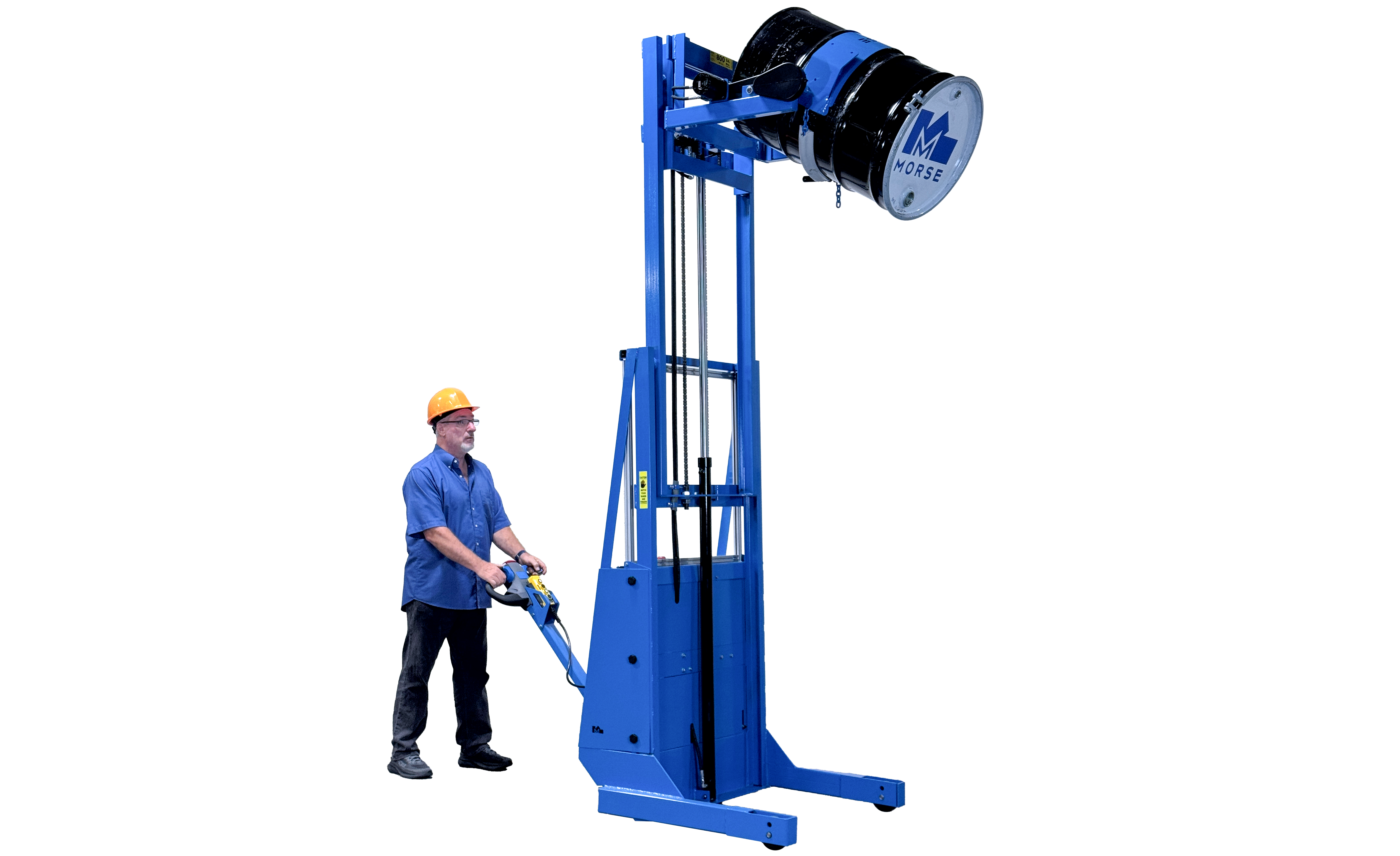 Worker operating blue industrial drum lifter with safety equipment for material handling