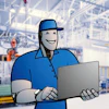 Smiling technician in blue uniform holding laptop in modern factory warehouse setting
