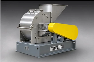 Munson industrial material processing machine with silver drum mixer and yellow feed hopper