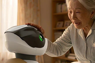 Elderly woman holding white and black robotic device with green indicator light in home setting