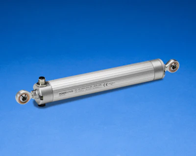Silver linear position transducer sensor with ball joint mounts on blue background