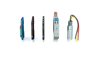 Five industrial electronic sensors and measurement devices displayed in a product lineup arrangement