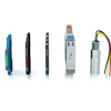 Five industrial electronic sensors and measurement devices displayed in a product lineup arrangement