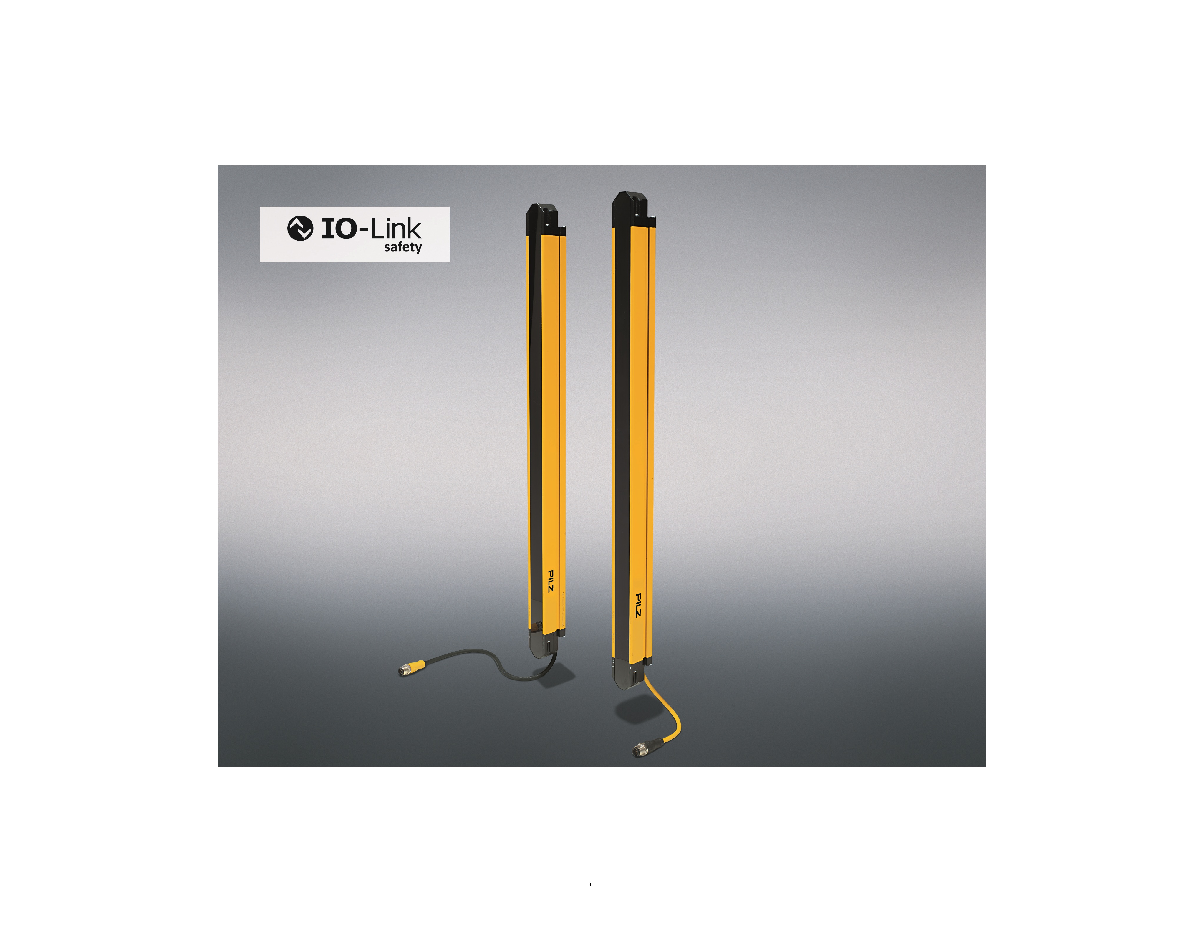 Two yellow and black IO-Link Safety light curtain sensors displayed against gradient background