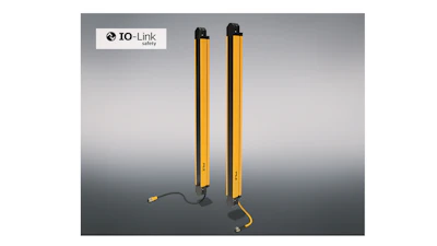 Two yellow and black IO-Link Safety light curtain sensors displayed against gradient background