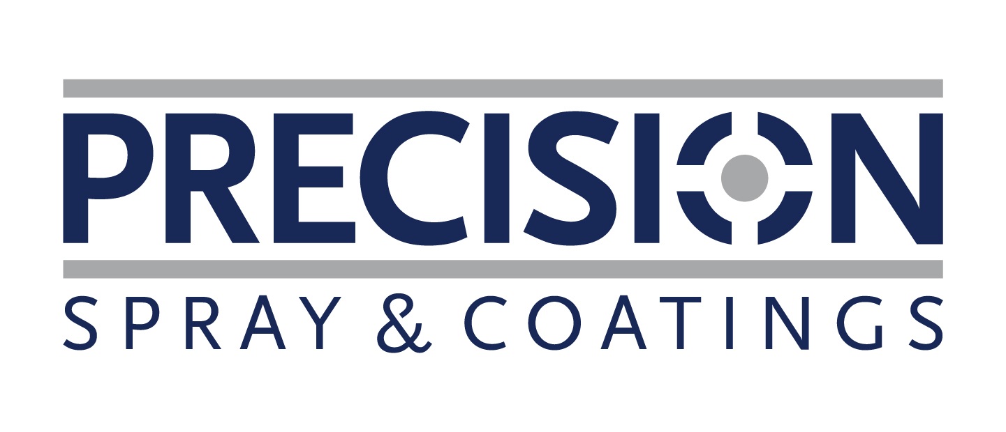 Precision Spray & Coatings logo with navy blue text and geometric circle symbol