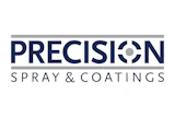 Precision Spray & Coatings logo with navy blue text and geometric circle symbol