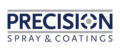 Precision Spray & Coatings logo with navy blue text and geometric circle symbol