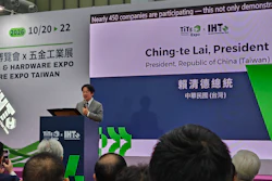 Speaker presenting at TITE and IHE Expo 2026 conference podium with event signage displaying Taiwan president information