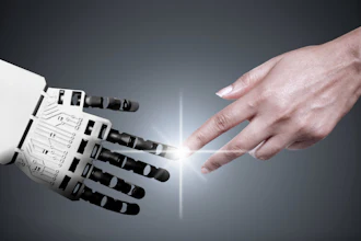 Human hand reaching toward robotic hand in a gesture of connection and collaboration against a gray background with light rays