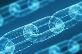 Digital blockchain network visualization showing interconnected chain links with binary code and data encryption in blue holographic style