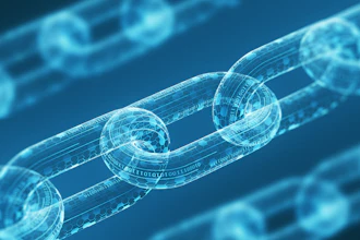 Digital blockchain network visualization showing interconnected chain links with binary code and data encryption in blue holographic style