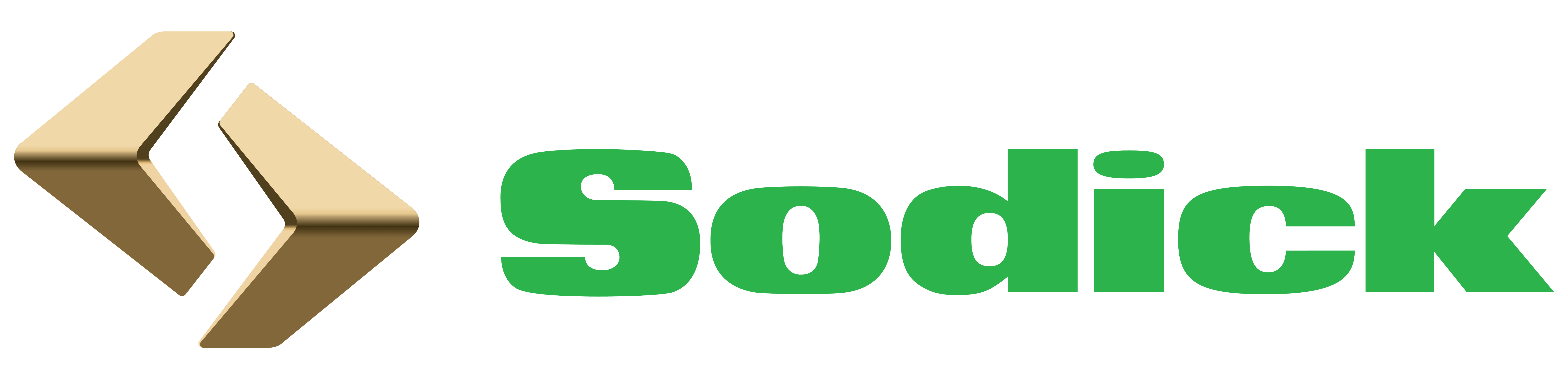 Sodick logo featuring tan chevron symbol and green text