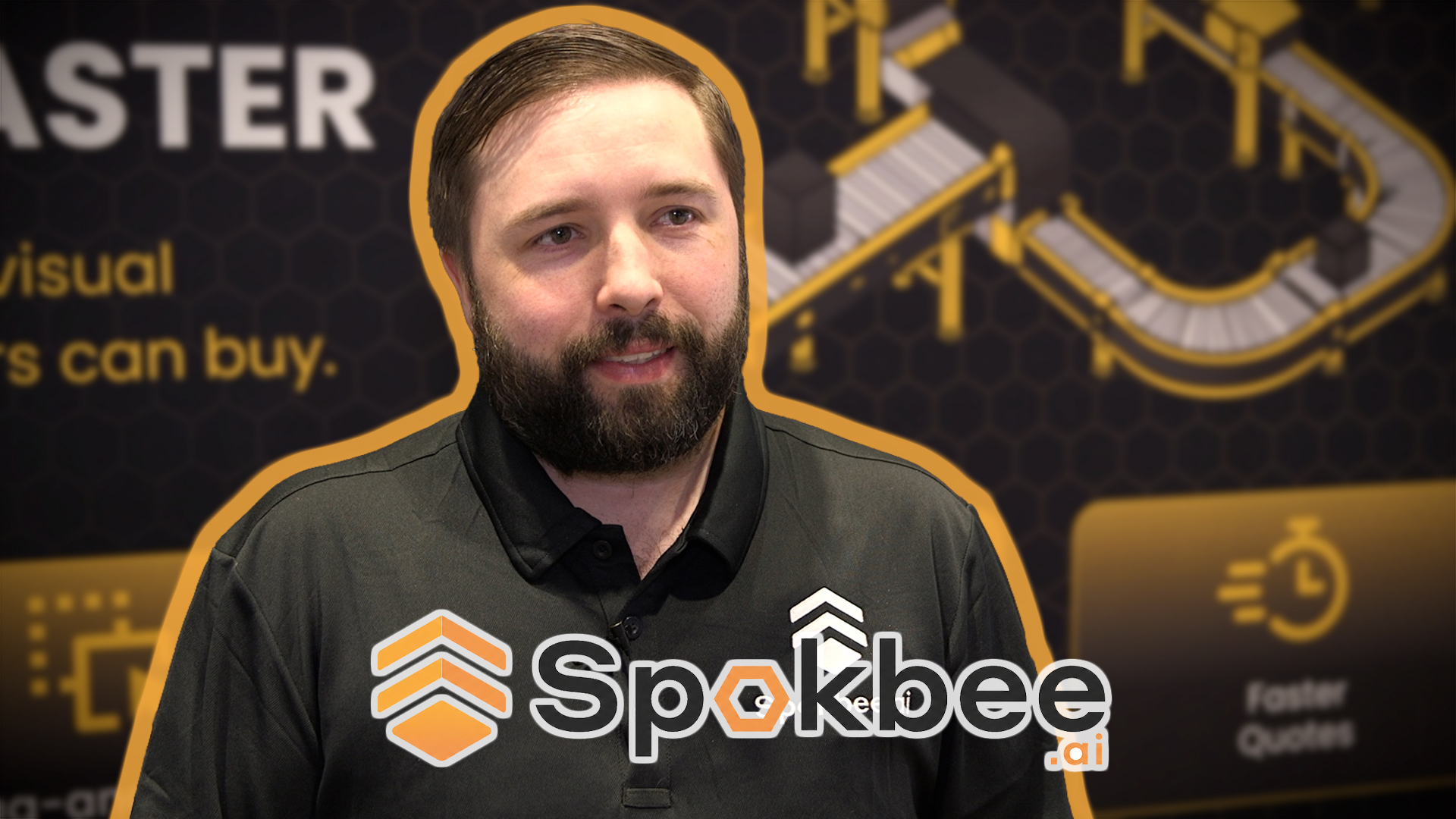 Man wearing Sparkbee branded black polo shirt at promotional event with gold and black backdrop