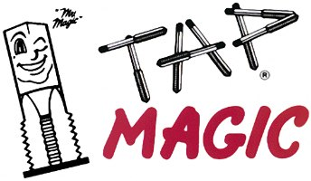 Tap Magic logo featuring a smiling wrench mascot with geometric text design in black and red